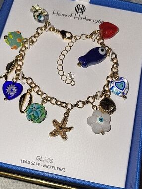 House of Harlow 1960 Gold-Tone Beach Charm Bracelet with Multicolor Glass Charms